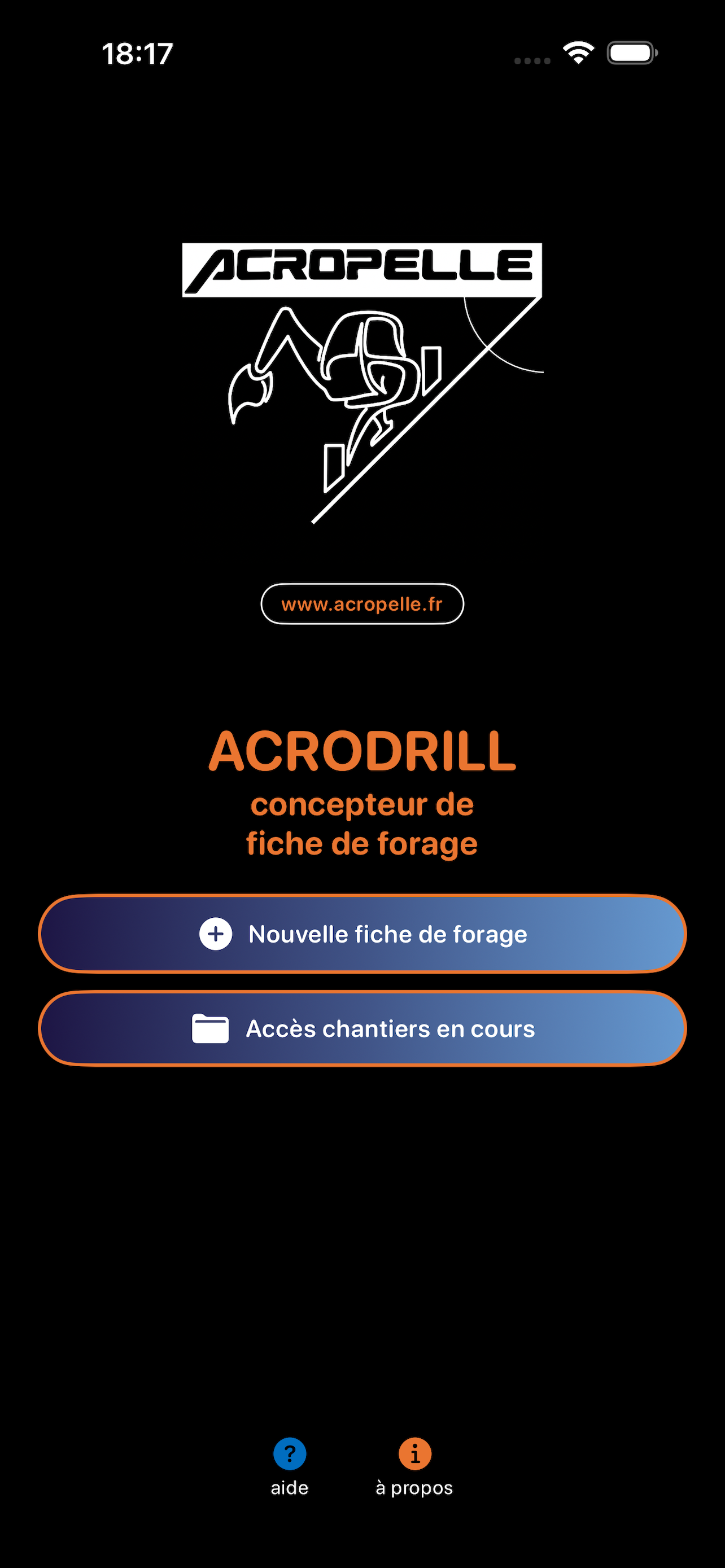 Écran d'accueil AcroDrill — liste des chantiers