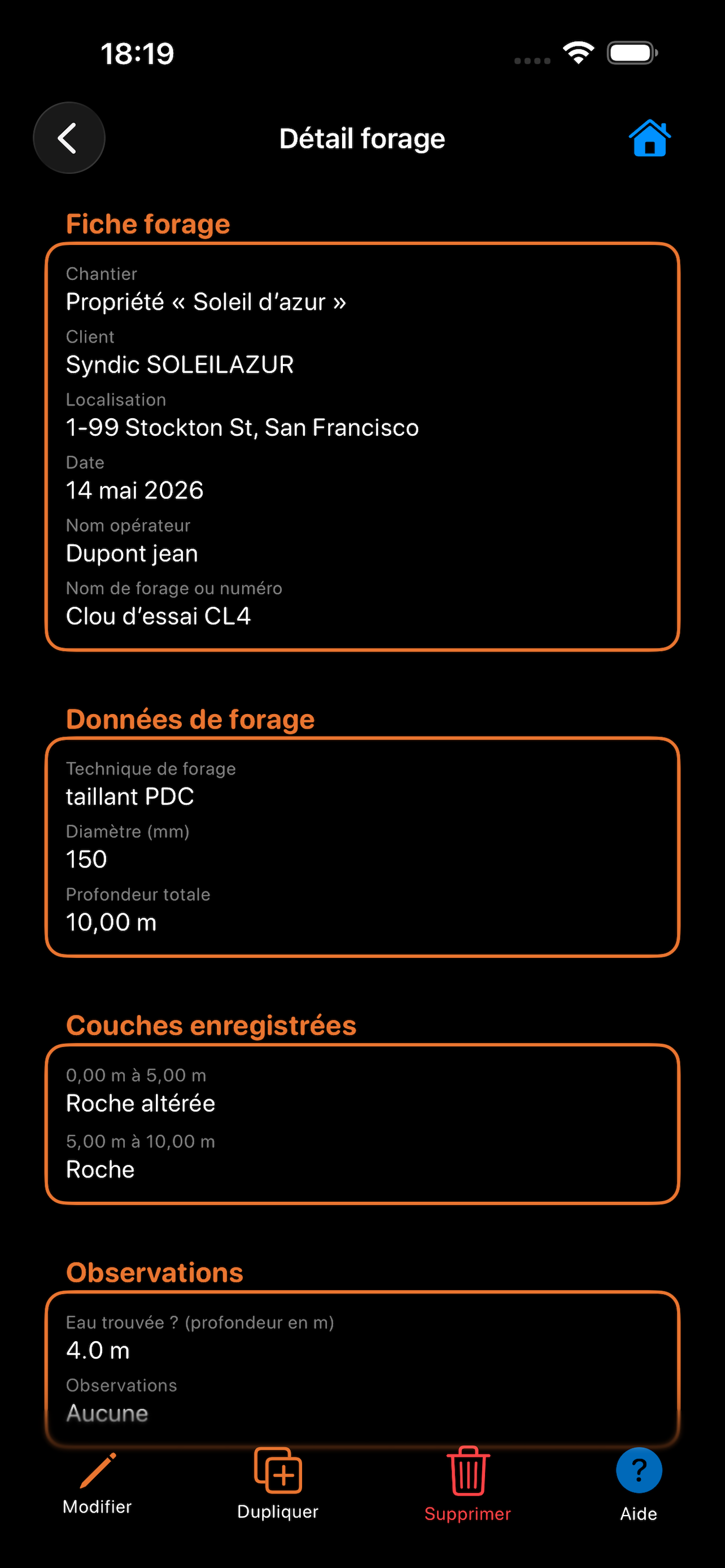 Écran de détail d'une fiche de forage