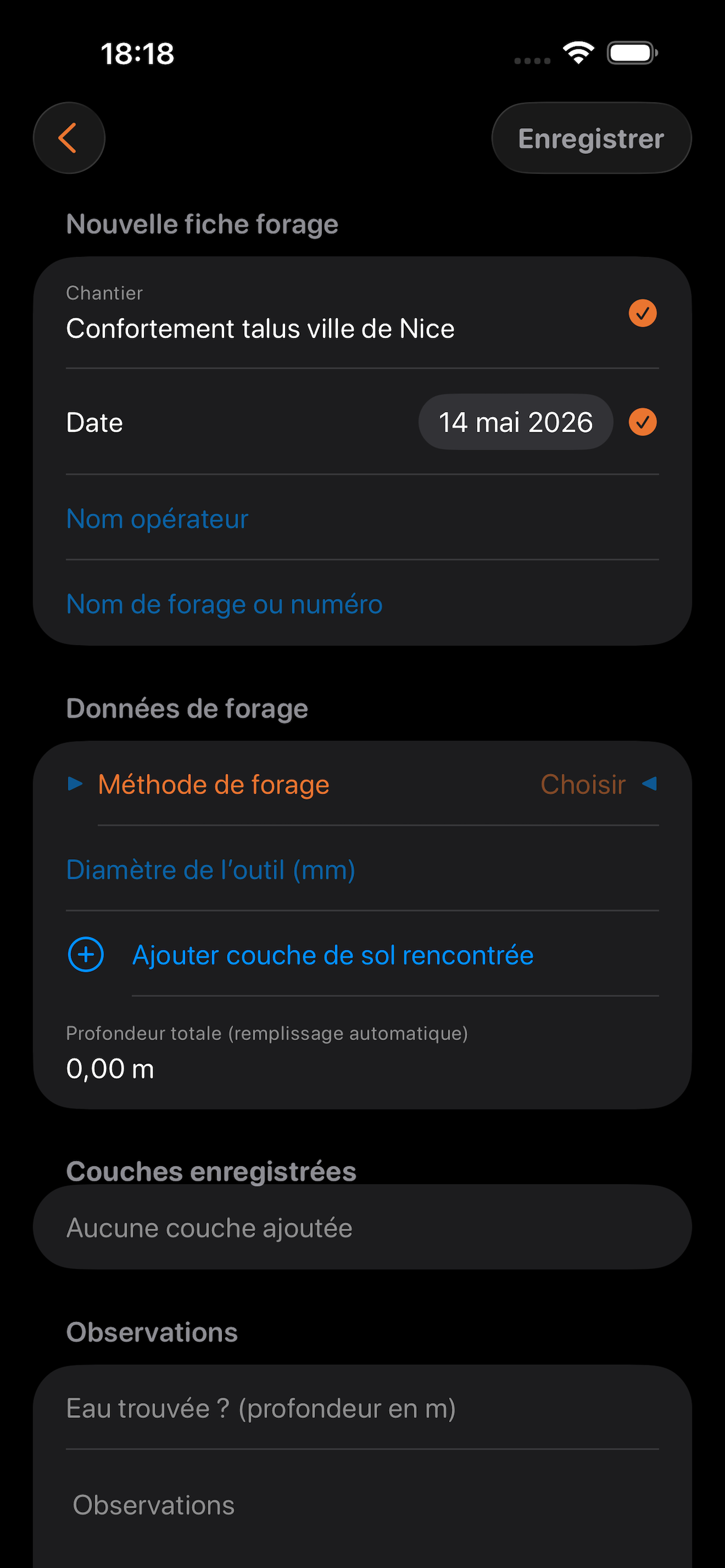Écran de création d'une nouvelle fiche de forage